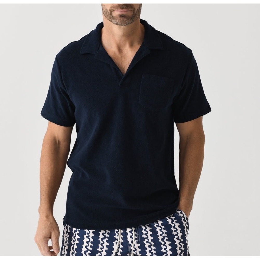 OAS Soft Terry Cotton Polo Shirt Classic Black Size M Pocket Preppy V-Neck NWT